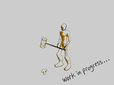 Work In Progress animated character working with large mallet to drive stake into the ground